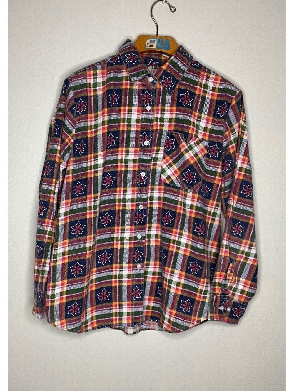 American Sweetheart Women's Vintage Plaid Flannel Shirt Star Pattern, Sz XL